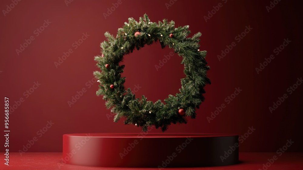 Aufkleber festive podium display featuring a christmas wreath with fir branches 3d rendering 3d illustration