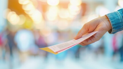 Closeup of hand holding flyer against blurred background with warm lighting in public space