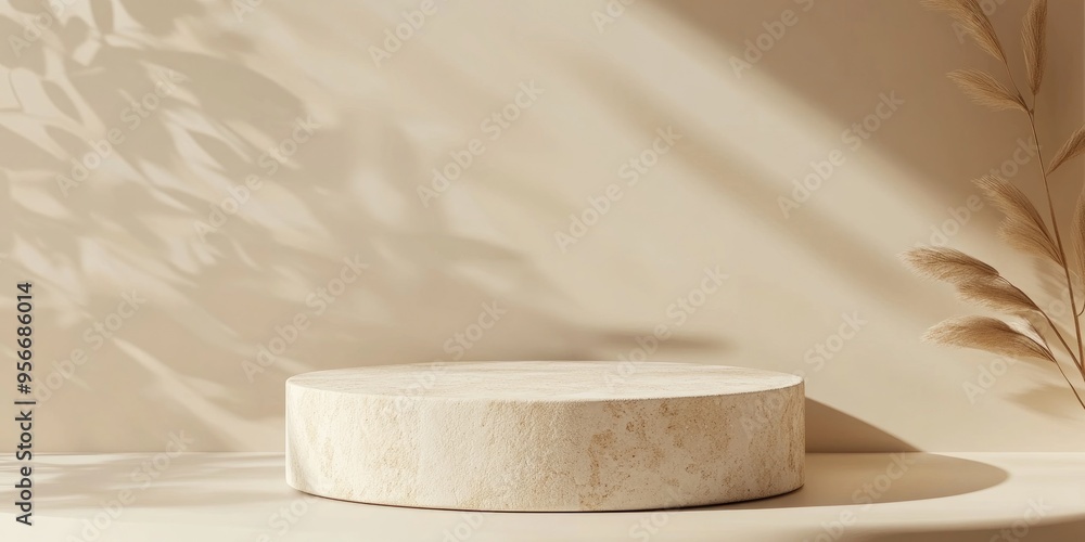 Poster minimalistic premium podium crafted from natural stone set against a beige backdrop featuring sunsha