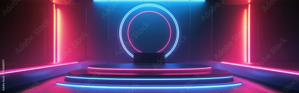 Poster Illuminated podium in an abstract scene with neon lighting 3D rendering of a futuristic backdrop