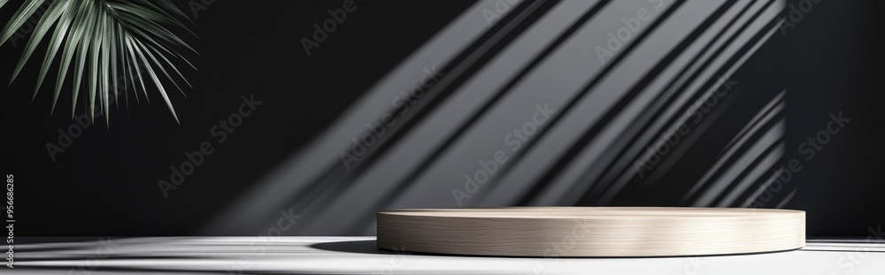 Aufkleber simple 3d render featuring a dark gray and black minimalist product display with a wooden podium and