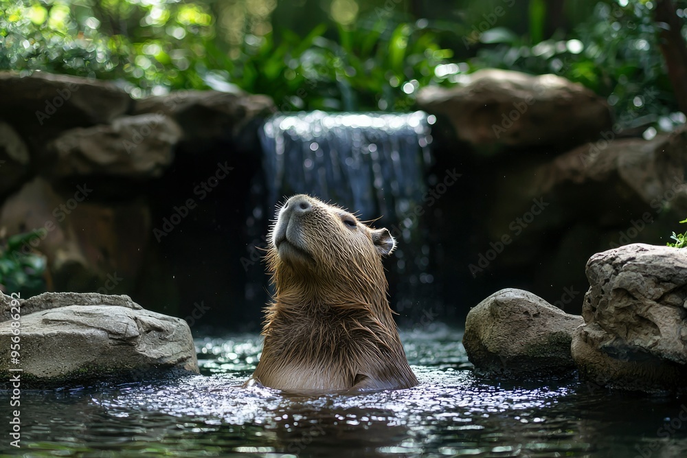 Poster capybara relaxing in a stream with a waterfall behind it