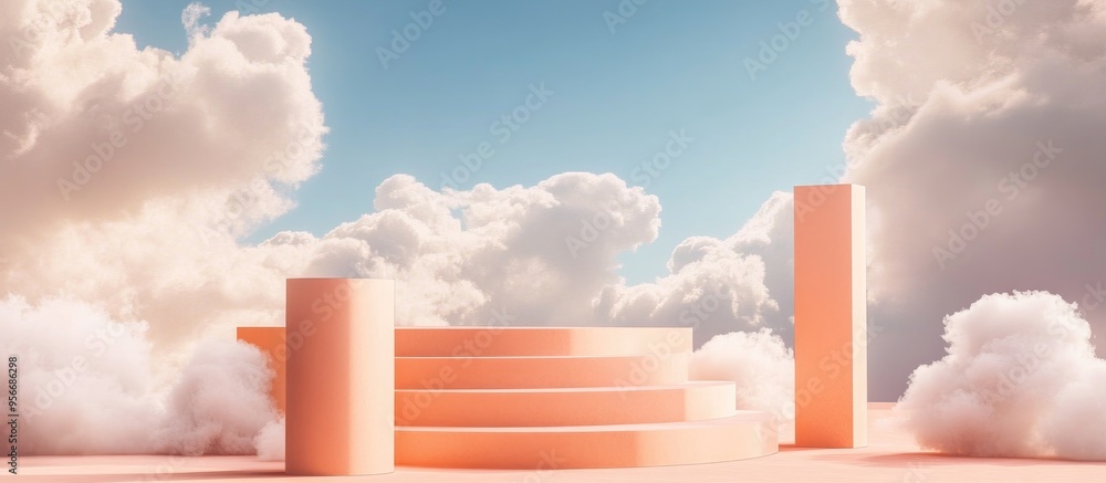 Aufkleber podium stand against a peach backdrop featuring a blue sky and clouds rendered in 3d