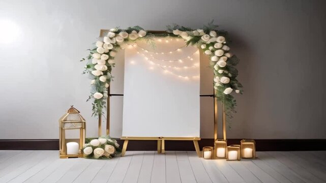 White photo zone with white flowers, easel with white canvas video , AI generated
