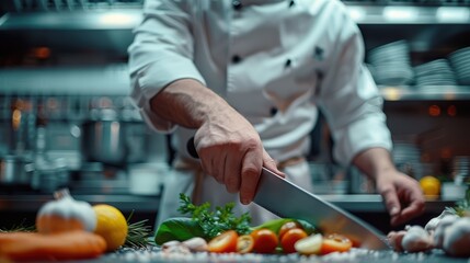 Chef preparing fresh vegetables in professional kitchen with sharp knife. A chef in a restaurant kitchen demonstrating proper knife handling techniques to staff