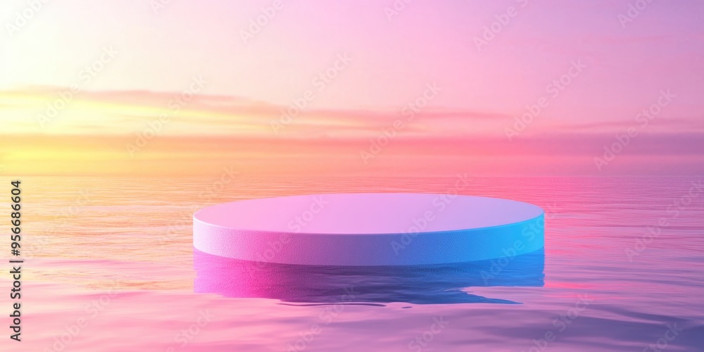 Aufkleber Podium floating on water with a colorful background for advertising display 3D rendering