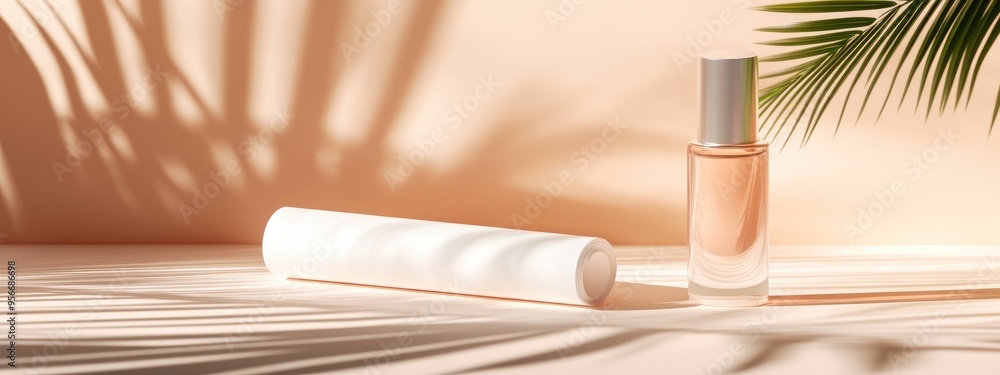 Poster Summer product presentation mockup featuring a white paper roll and a cosmetic bottle cast with palm leaf shadows Clipping paths for each element are included 3D rendered illustration