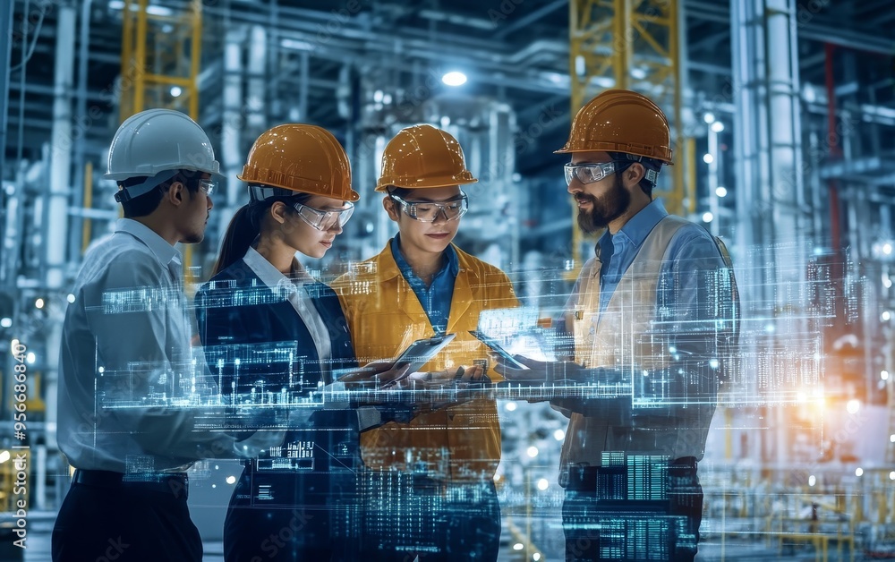 Poster a group of professionals in hard hats collaborates on a project using digital devices in an industri