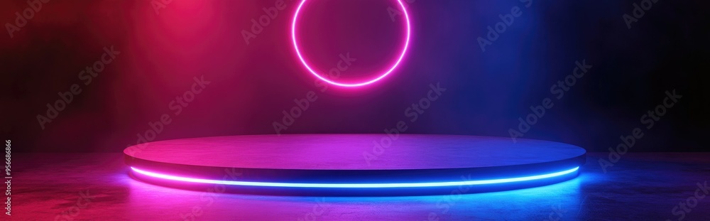 Poster neon lighting in pink and blue creates a vibrant backdrop for a vacant fashion podium with a luminou