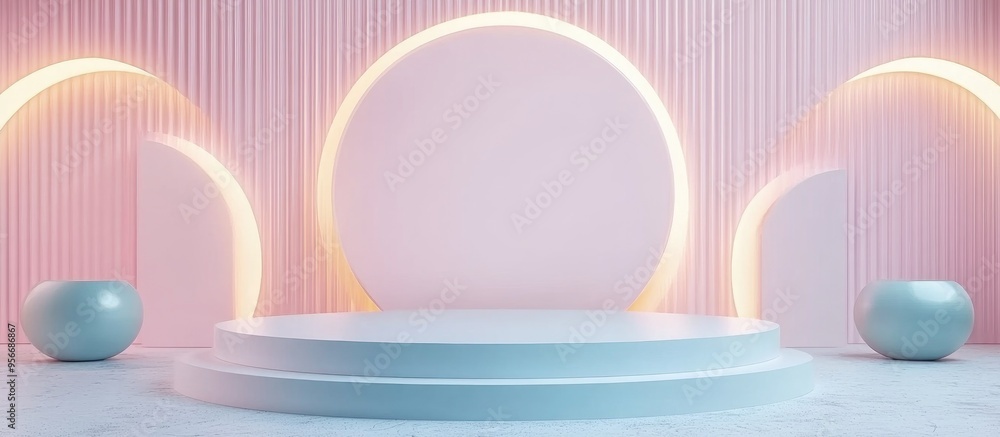 Poster minimalist podium scene with abstract backdrop in pastel hues 3d rendering
