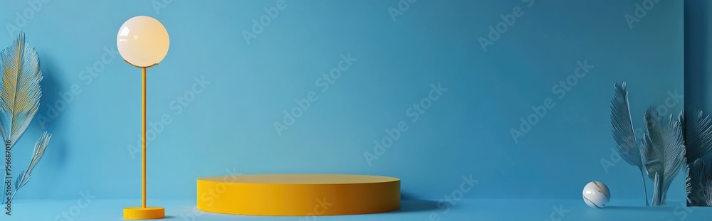 Aufkleber blue studio backdrop featuring a yellow lamp and podium designed for product promotion 3d rendering