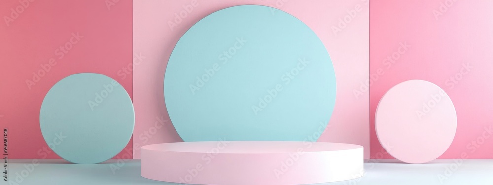 Poster mockup featuring geometric shapes on an abstract backdrop blank pedestal for showcasing products 3d 