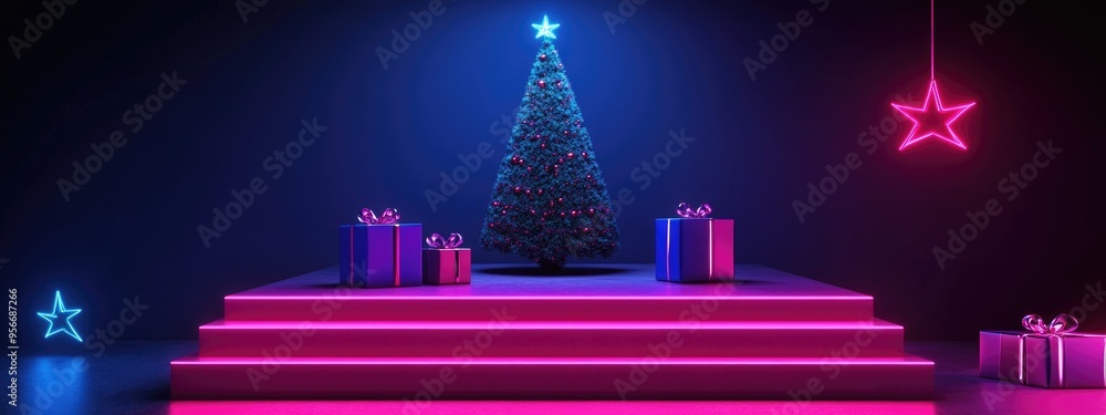 Poster Christmas tree and gift box design for holiday decoration mock up podium for product display abstract minimal concept showcase geometric background 3D rendering