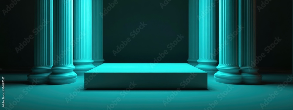 Poster minimalist abstract background featuring a green rectangular pedestal with classical pillars designe