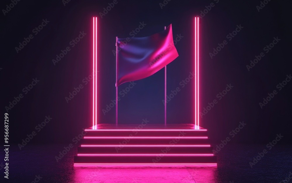 Poster flag displayed on a competition winners podium 3d render