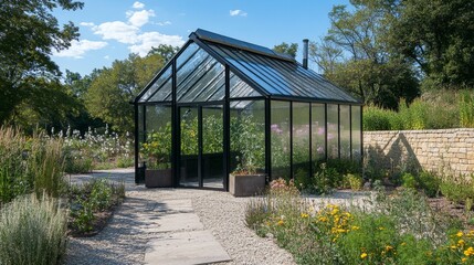 Obraz premium Modern Glass Greenhouse in a Serene Garden