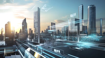 Obraz premium A futuristic city skyline with sleek skyscrapers and advanced technology, symbolizing the trends of 2025. The image captures the blend of modern architecture and digital innovation 