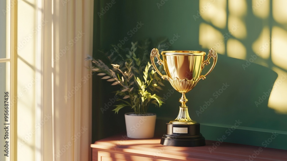 Poster shiny golden trophy cup displayed on a pedestal 3d rendering