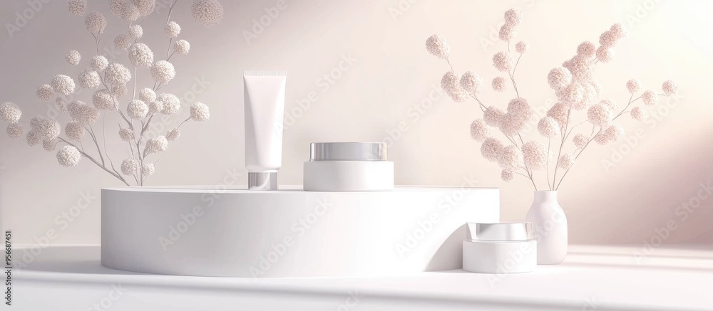 Poster 3D White Podium Background for Product Display and Promotion Featuring a Cosmetic Product Showcase 3D Rendering for Enhanced Presentation Mock up Design to Highlight Products