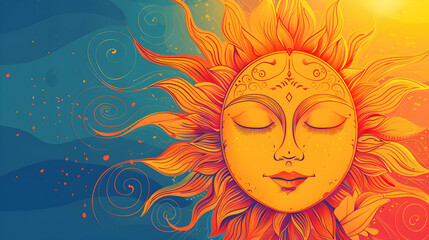 Illustration with a stylized sun with a serene face for sinhala new year celebration.