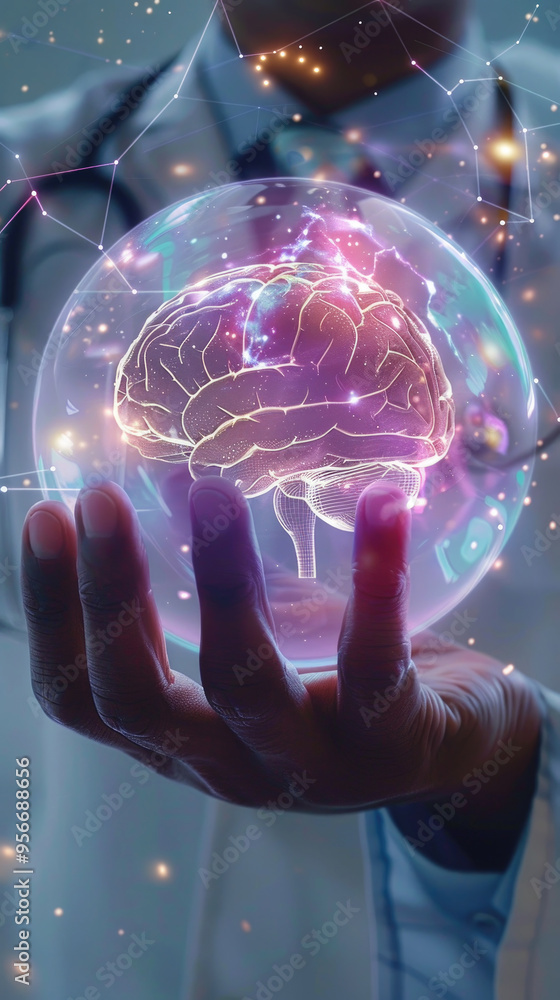 Poster a person gently cradles a luminous brain structure within a digital globe, symbolizing innovative re