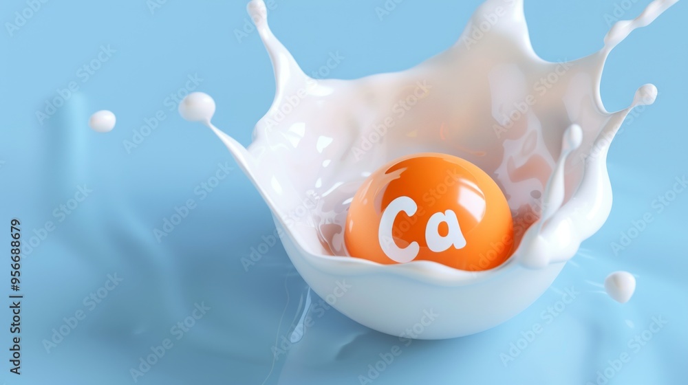 Wall mural A vibrant orange calcium ball splashes into creamy white milk against a soft blue background. The image captures freshness and energy. Perfect for health, nutrition, and food themes. AI