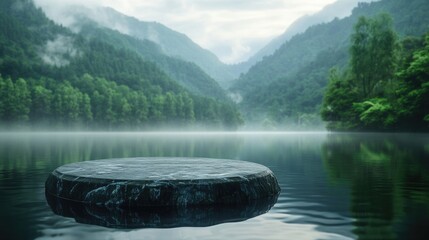 A stone display pedestal on a still lake with ripples, surrounded by foggy mountains and lush greenery. The scene is perfect for showcasing products in a natural, serene setting.