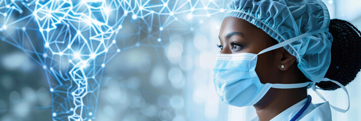 A healthcare worker in a mask and surgical cap reflects on the integration of technology in healthcare during a hospital shift