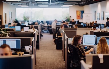 A busy office space with employees working at desks, engaged in various tasks and collaborating.
