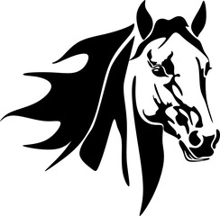 Horse head with flowing mane black and white vector design. 