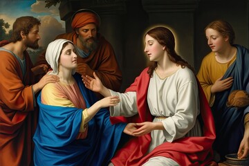 Obraz premium Healing Through Faith The Extraordinary Miracle of a Woman Healed by Jesus Garment