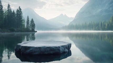 A stone pedestal floats on a calm lake, surrounded by mountains and forest under a morning mist. The image captures the serene beauty of nature for cosmetic product display.