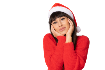 Close up portrait of a beautiful female model wearing santa hat isolated over transparent background.