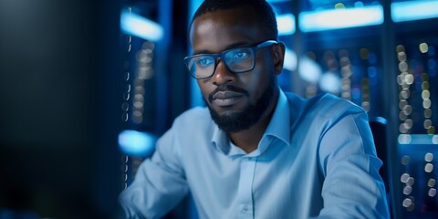 An IT professional works in a high-tech server room environment with racks of advanced equipment and lights, representing technology, data management, and cybersecurity.