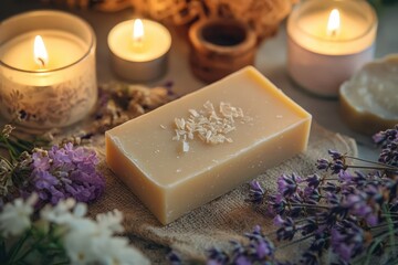 Handmade soap bar with saponified oils surrounded by candles and lavender for relaxation and spa ambiance.