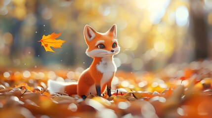 Obraz premium A cute cartoon fox sits in the middle of a pile of autumn leaves.
