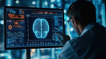 Doctor Analyzing Brain Data Futuristic Science and Medicine Visualization.