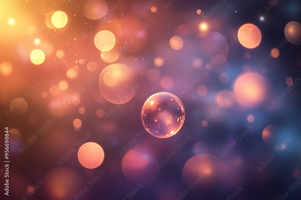 Poster ethereal light orbs with lens flare - glowing particles and bokeh background for creative design.