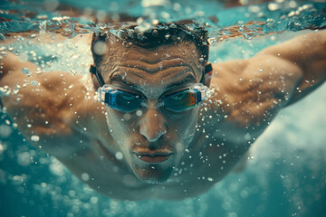 Naklejka premium Motivated person swimmer learning swim sport, racing competition swimming challenge pool, Generative AI