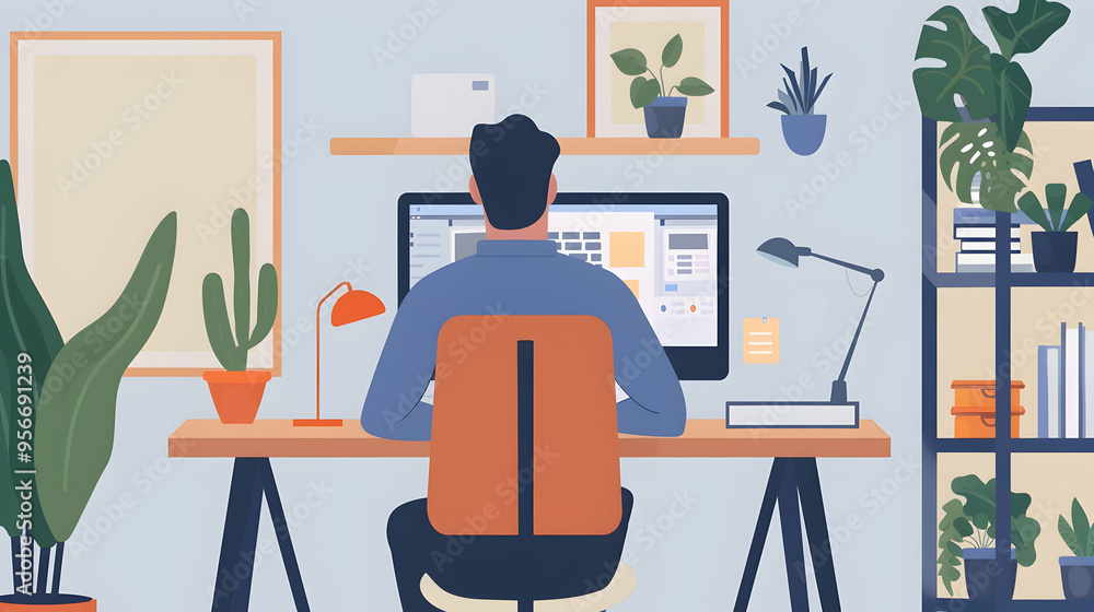Aufkleber man sitting at desk working from home on computer