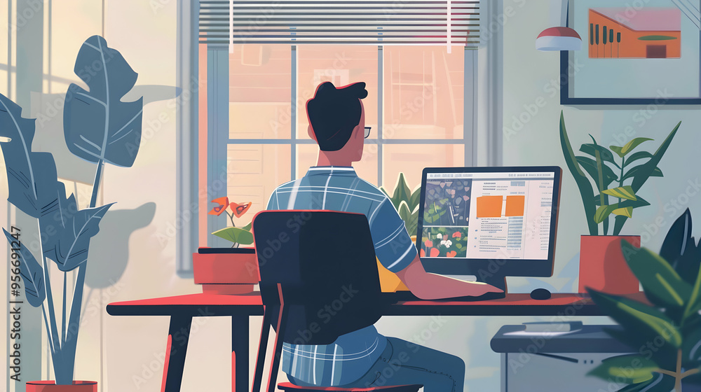 Aufkleber man sitting at desk working from home on computer