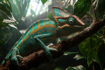 A Vibrant Chameleon Perched on a Branch Amidst Lush Foliage