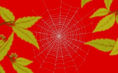 Fototapeta premium A delicate spiderweb, glistening with dew, against a vibrant red background with green leaves, evokes a sense of nature's intricate beauty and the quiet stillness of autumn. 
