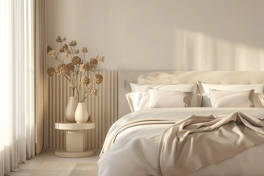 3d rendering of bedroom with an elegant bed next to the lighten lamp