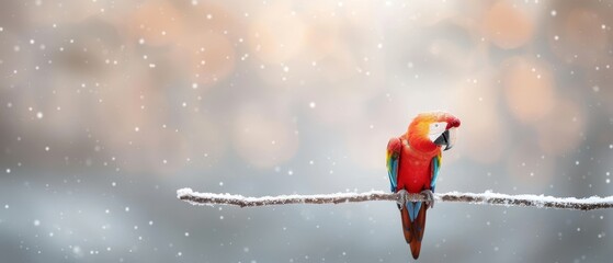 Vibrant macaw perched in snowy winter scene, colorful feathers contrasting against soft snowflakes, symbolic of natures beauty in unexpected weather.