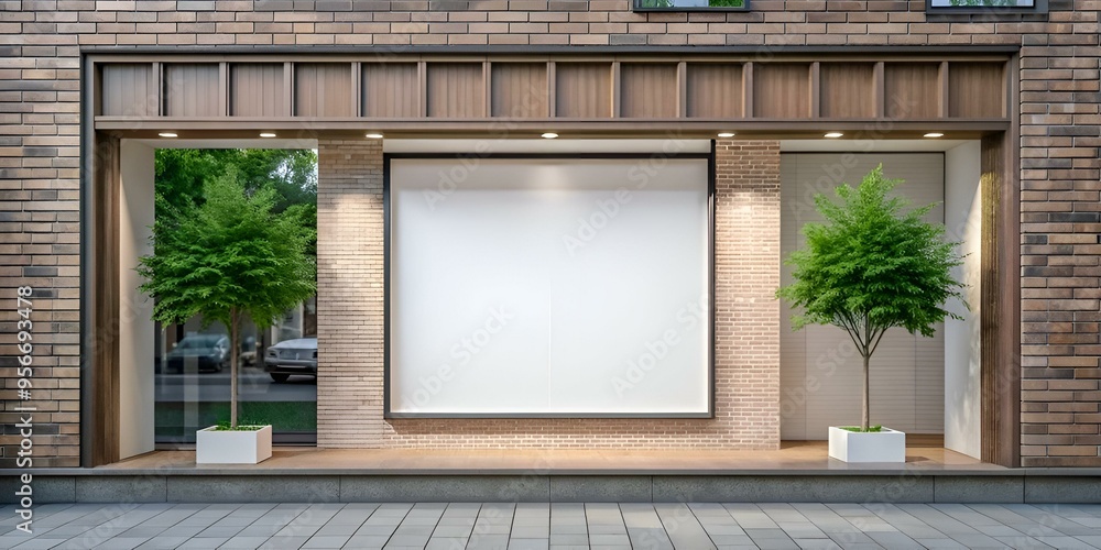 Poster modern storefront mockup with blank window display and brick wall.