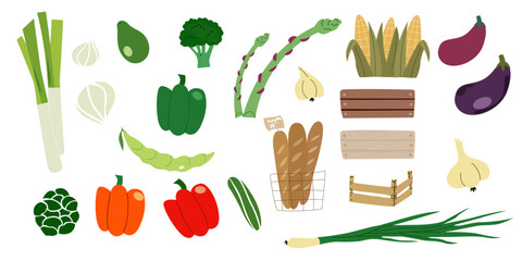 Natural farm food. Fall harvest vector illustrations. Autumn vegetables compositions. Flat vector icons of vegetables and greens