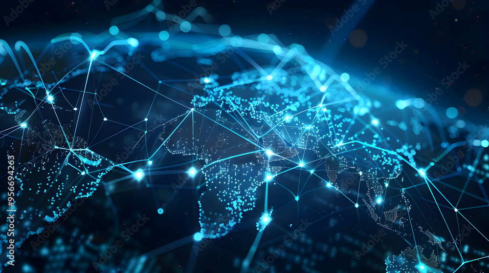 Poster digital map of concept of global network and connectivity, high speed data transfer and cyber techno
