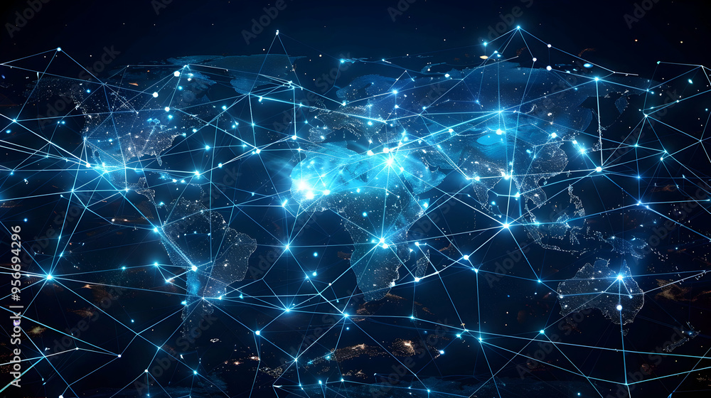 Poster digital map of concept of global network and connectivity, high speed data transfer and cyber techno