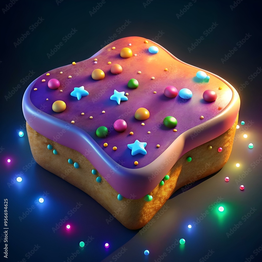 Poster a whimsical 3d rendering of a colorful. frosted slice of cake decorated with sprinkles and stars.